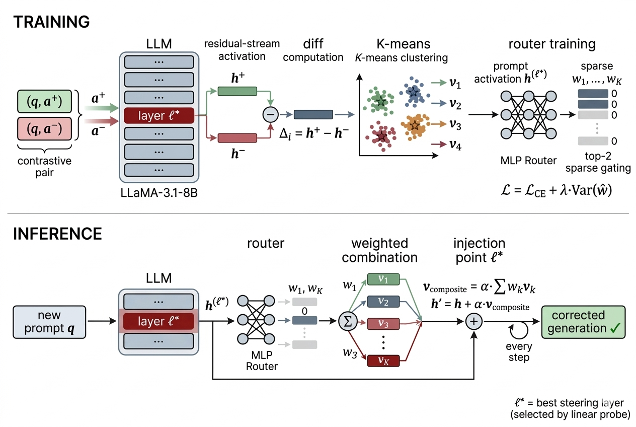 MoSV pipeline from contrastive activation differences through clustering and prompt-conditioned routing.